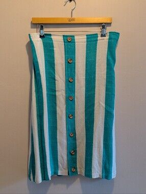 Linen Blend Striped Teal and White Button-Front Summer Skirt